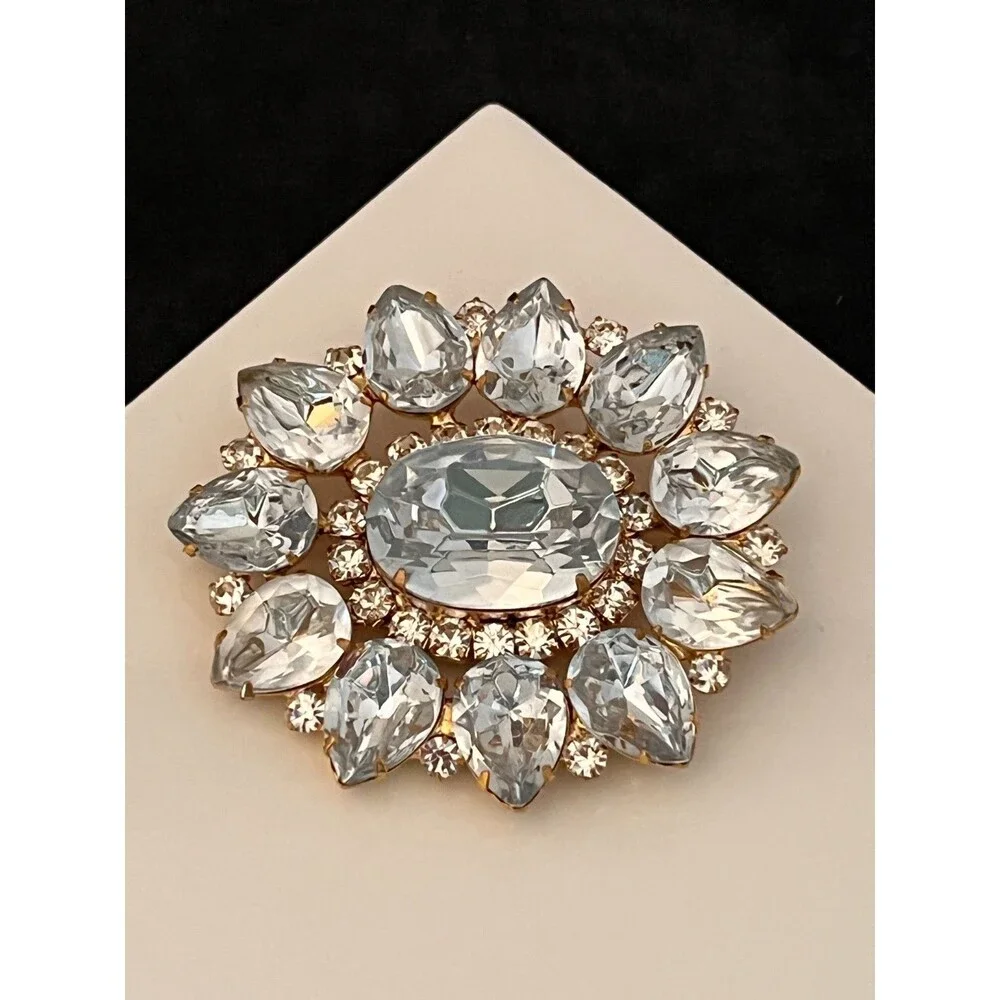 Vintage 1980s Large Clear Faceted Stone Brooch Gold Tone Statement - 1I